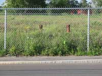 field with 2 monitoring wells behind chainlink fence