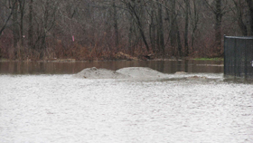 Closer view of piles of fill surrounded by water