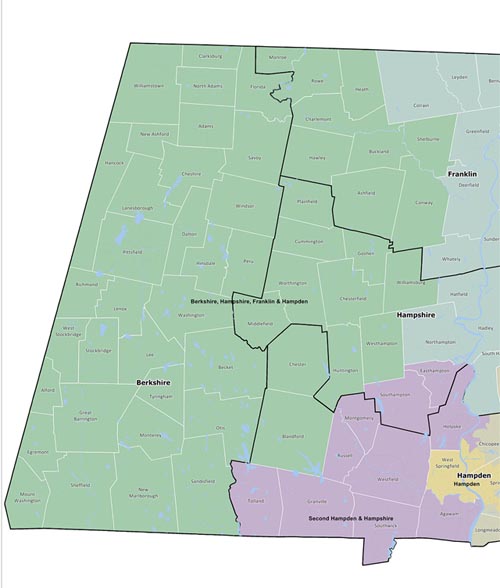 A map of the Berkshire, Franklin, Hampshire, Hampden Senate District
