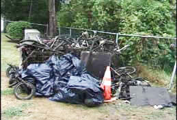 Pile of trash, including 18 shopping carts, pulled from river at West Street Bridge.