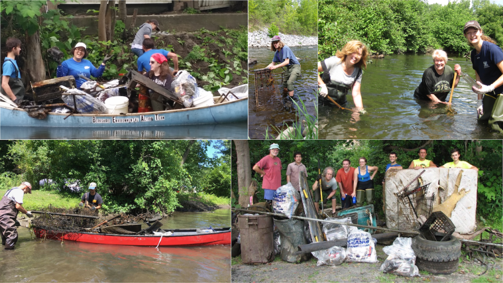 A collage of photos from BEAT's river cleanups showing people getting trash out of the river as well as canoes full of that trash.