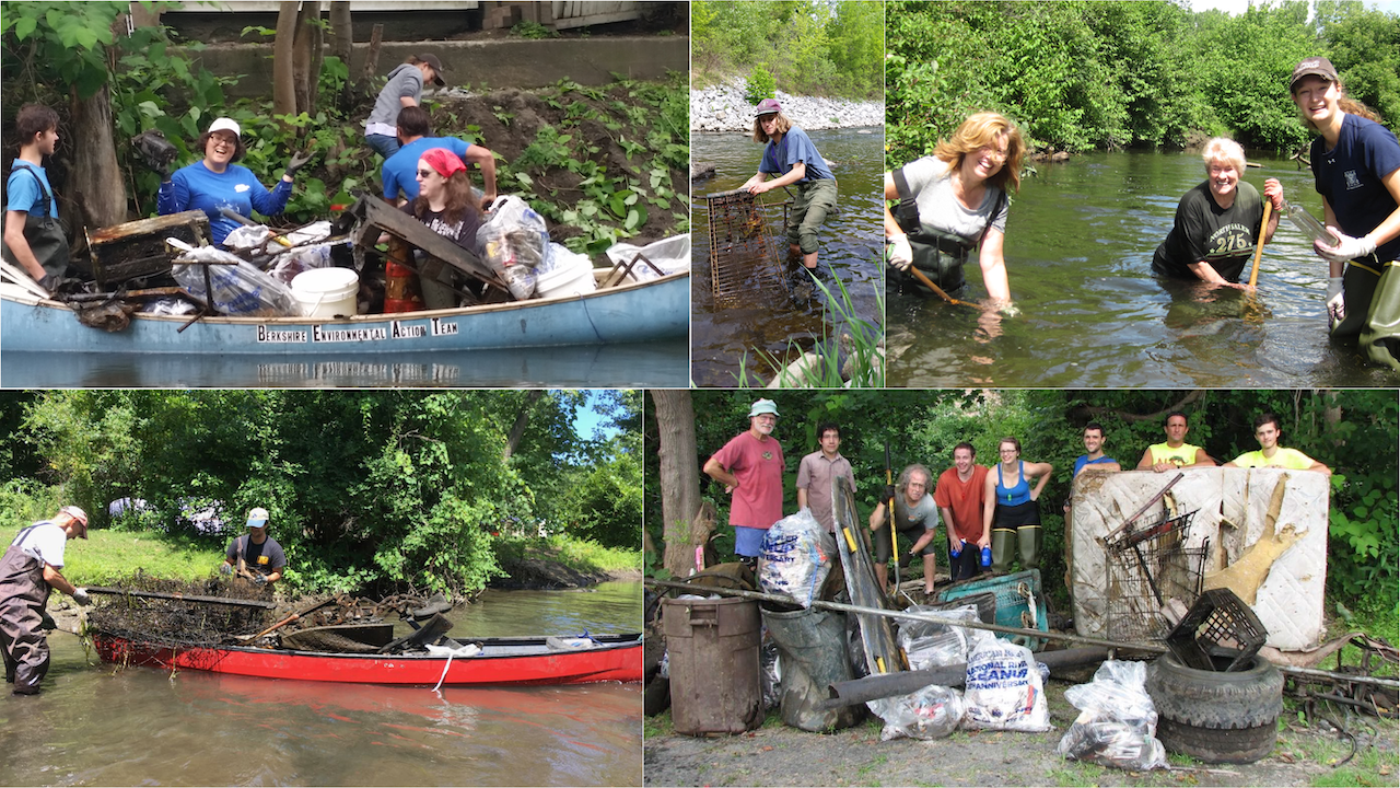 A collage of photos from BEAT's river cleanups showing people getting trash out of the river as well as canoes full of that trash.