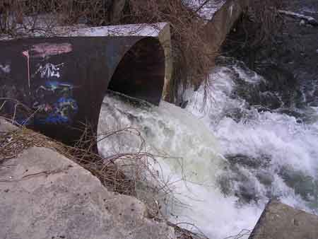 Water flowing around the dam, through the penstock