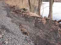 photo of old railroad ties next to lake