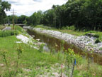 Looking upstream at the launch between the two rocks